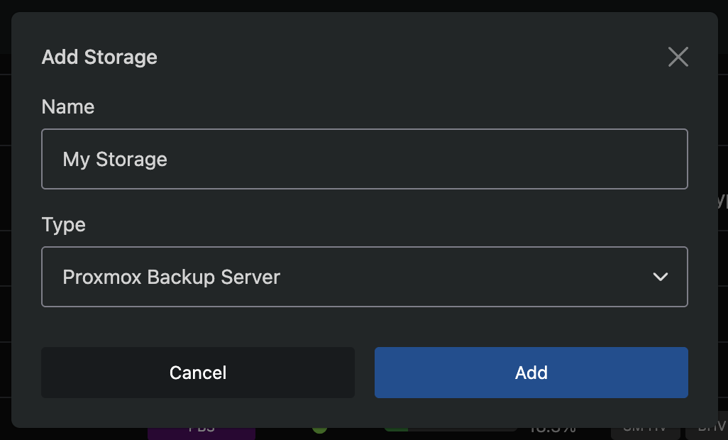 Add Storage modal