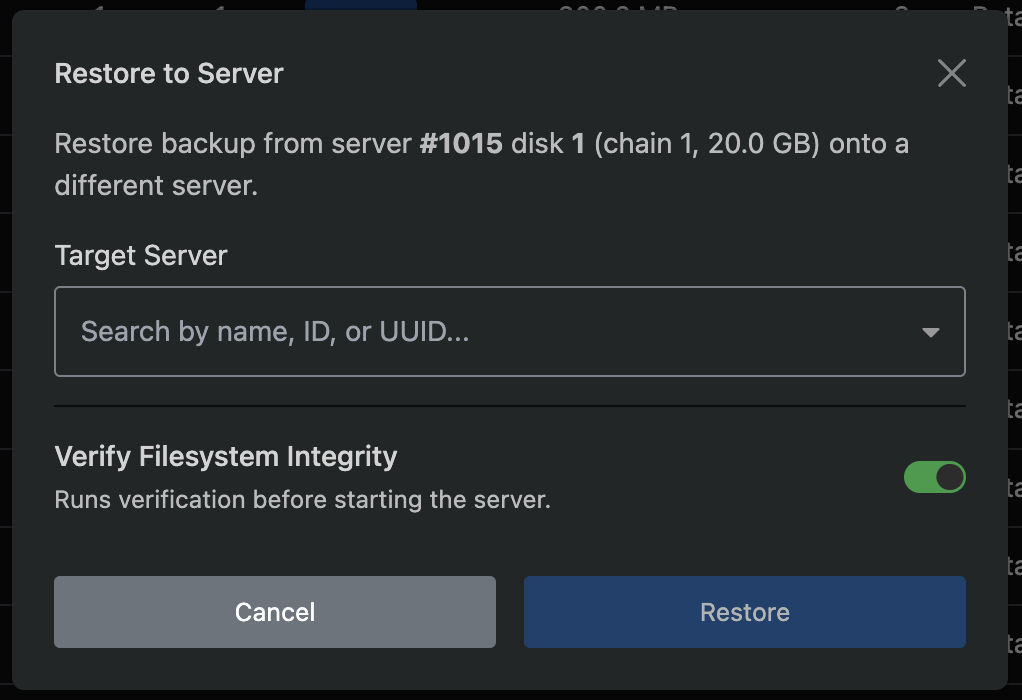 Cross-server restore modal